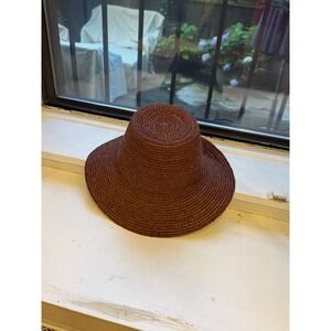 Janessa Leone Rust Brown Straw Sun Hat Flat Top Boater Medium Handcrafted
